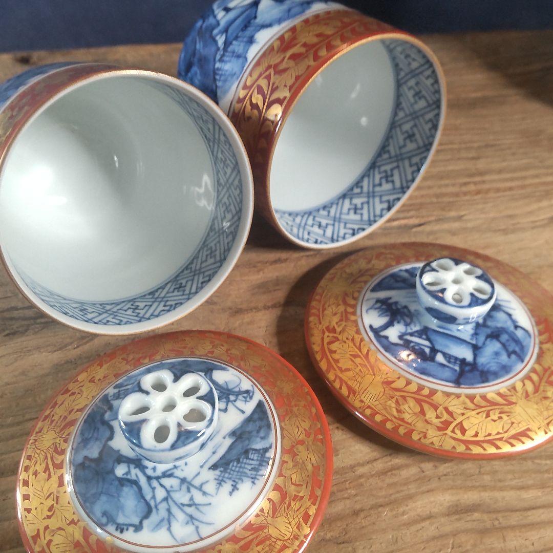 京焼 清水焼 金襴青華山夫婦茶碗　五座五重　2点セット