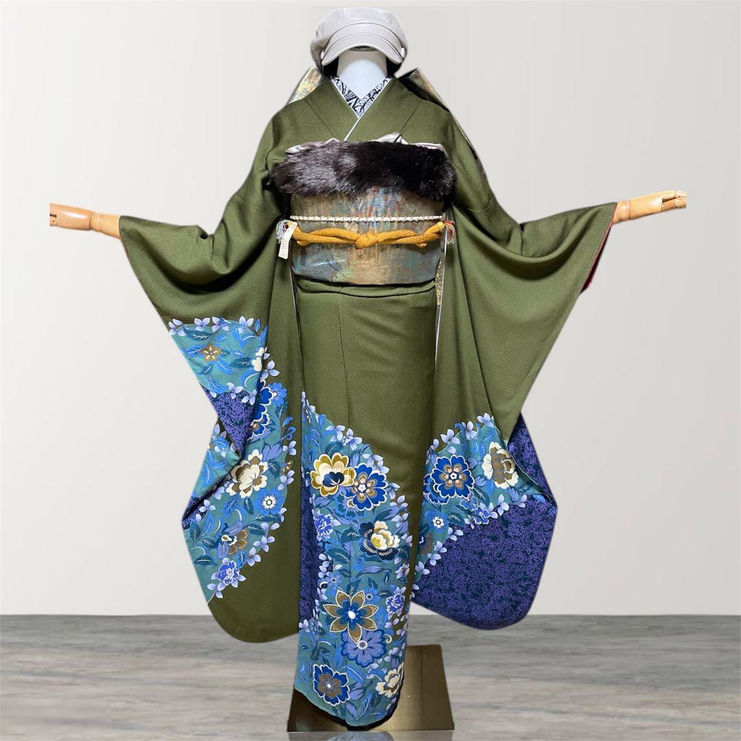 山本寛斎 グリーン 落款あり ファーショール付き 振袖 フルセット