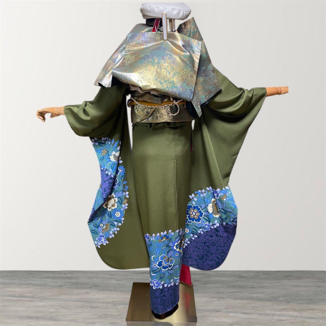 山本寛斎 グリーン 落款あり ファーショール付き 振袖 フルセット