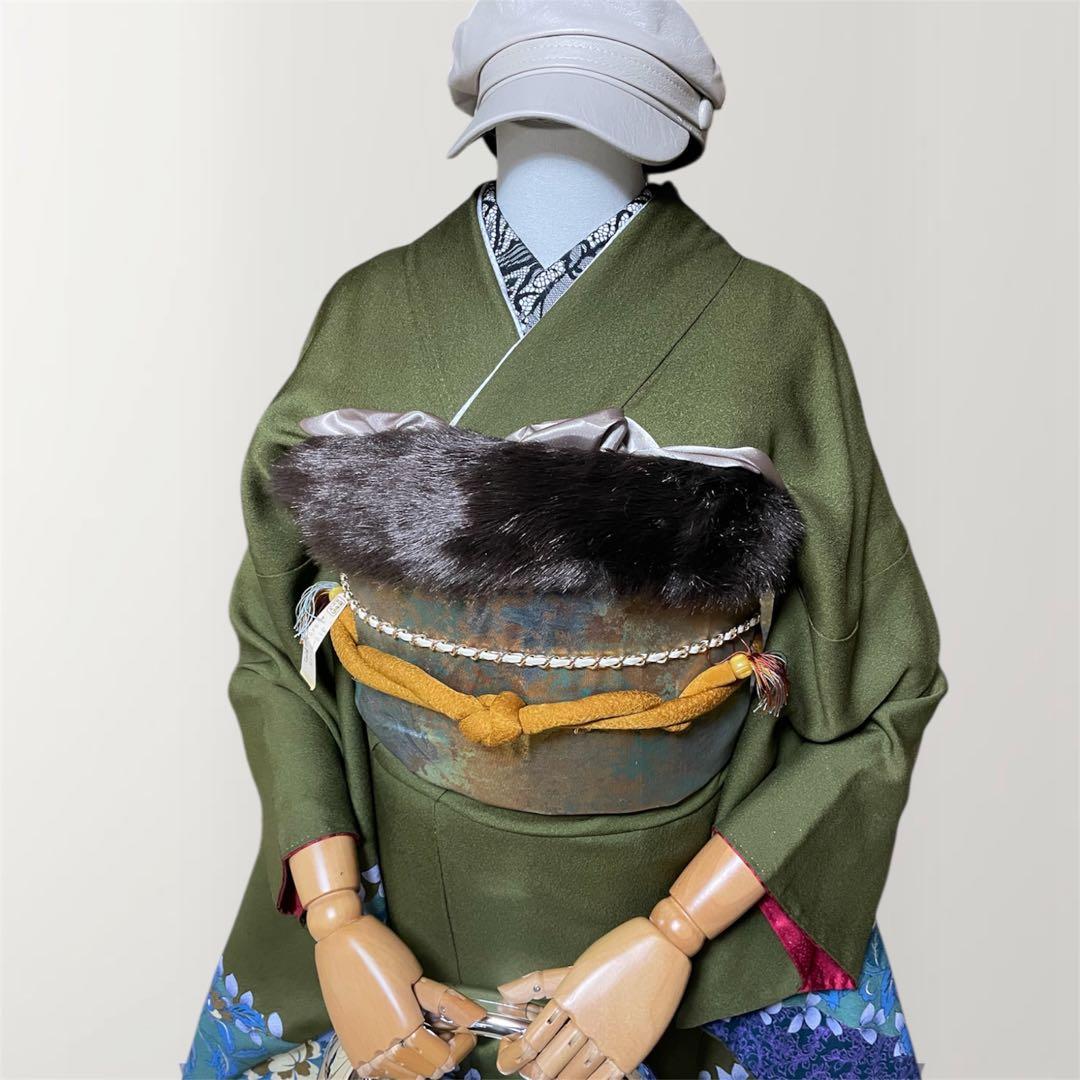 山本寛斎 グリーン 落款あり ファーショール付き 振袖 フルセット