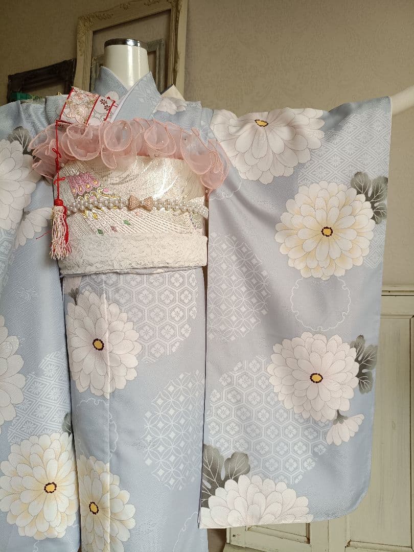 新品☆ブルーグレーの着物と作り帯☆七五三ハーフ成人式フルセット