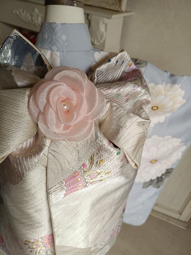 新品☆ブルーグレーの着物と作り帯☆七五三ハーフ成人式フルセット