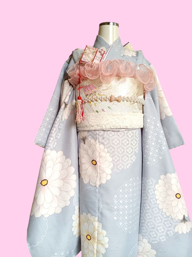 新品☆ブルーグレーの着物と作り帯☆七五三ハーフ成人式フルセット