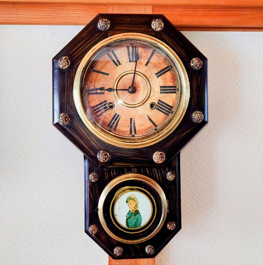 〈完動・美品〉精工舎　硝子絵　小型花ぼたん八角ゼンマイ振り子時計　古時計