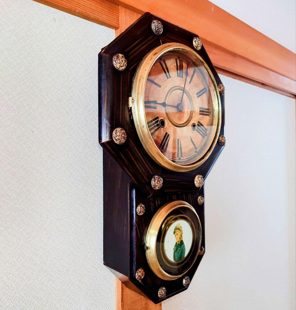 〈完動・美品〉精工舎　硝子絵　小型花ぼたん八角ゼンマイ振り子時計　古時計