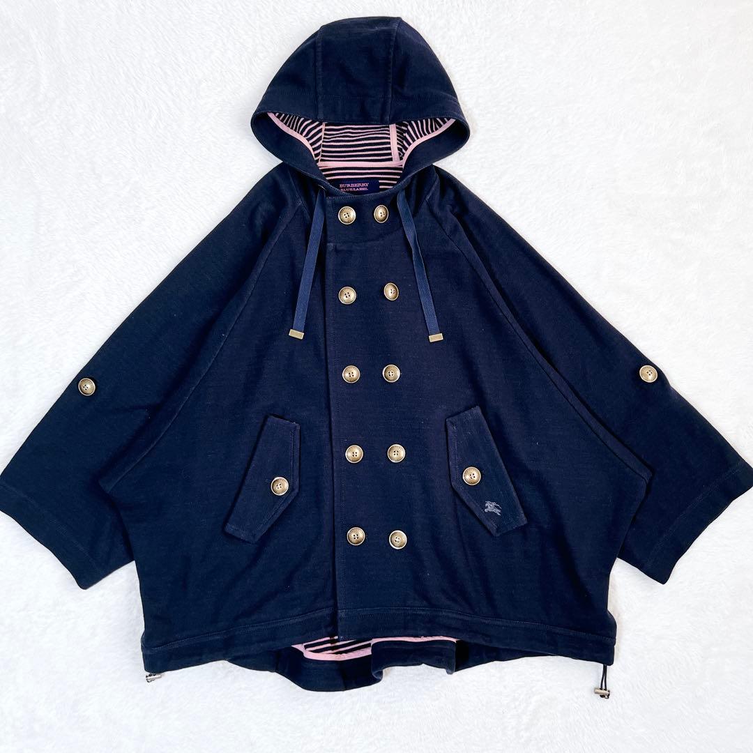 BURBERRY BLUELABELポンチョコート ホースロゴ刺繍 金ボタン 紺