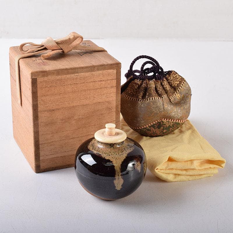 Gojyo 京焼　清水焼　桶谷定一作　文琳茶入　仕覆付　共箱　V　8205