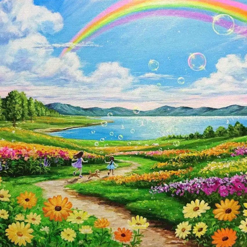 【虹が輝く時】アクリル画 F6 風景画 絵画