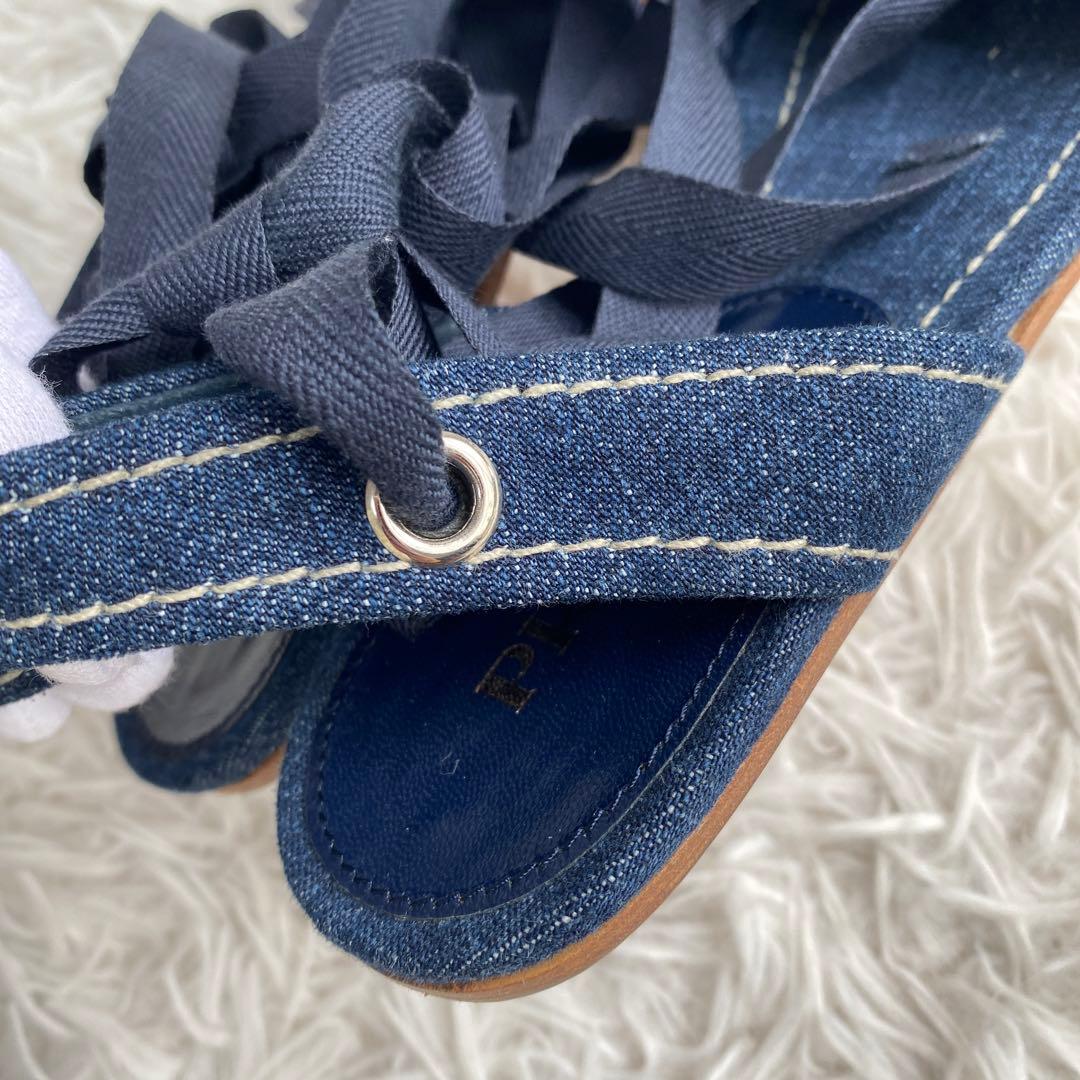極美品　プラダ　デニム　フラットシューズ　レースアップシューズ　リボン　35
