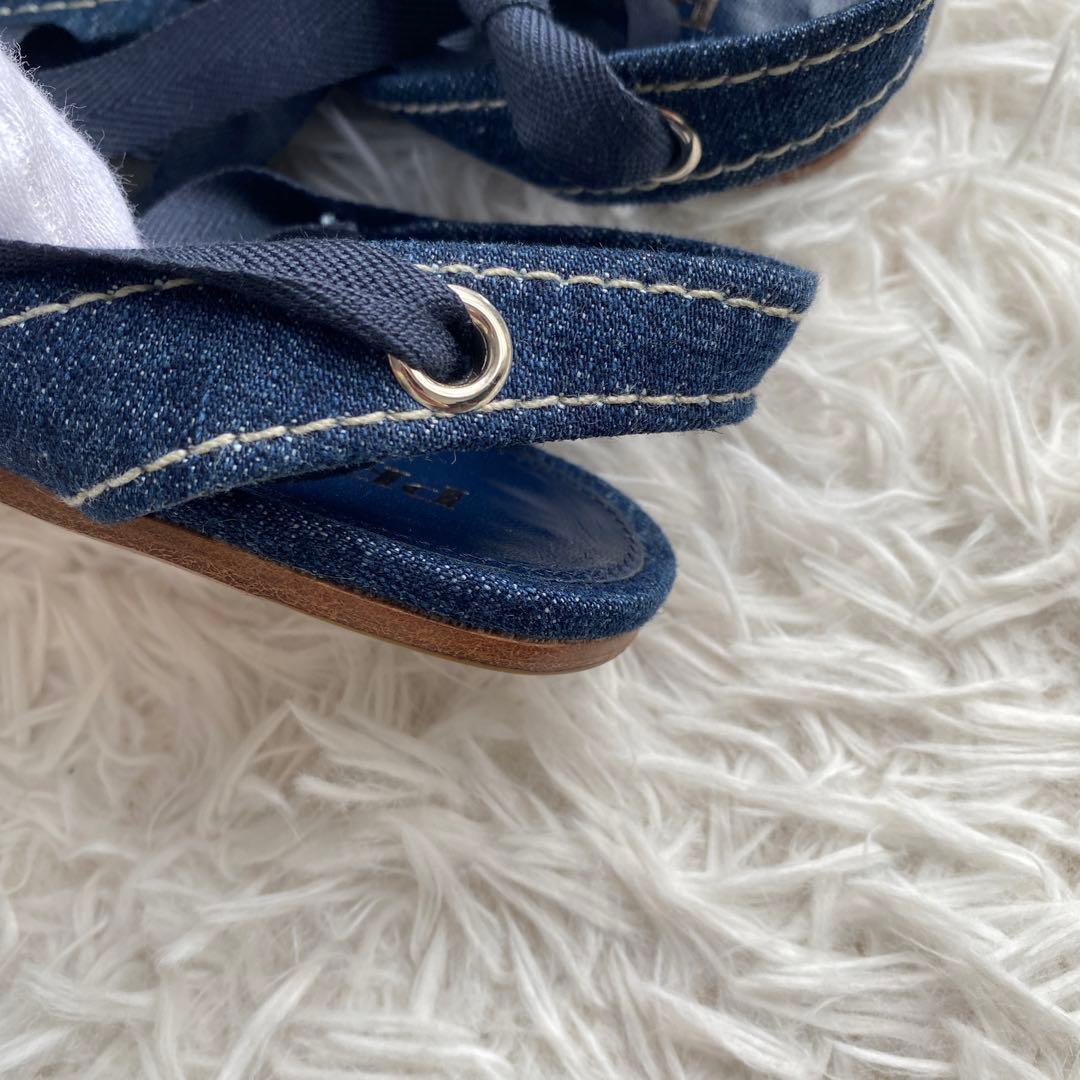 極美品　プラダ　デニム　フラットシューズ　レースアップシューズ　リボン　35