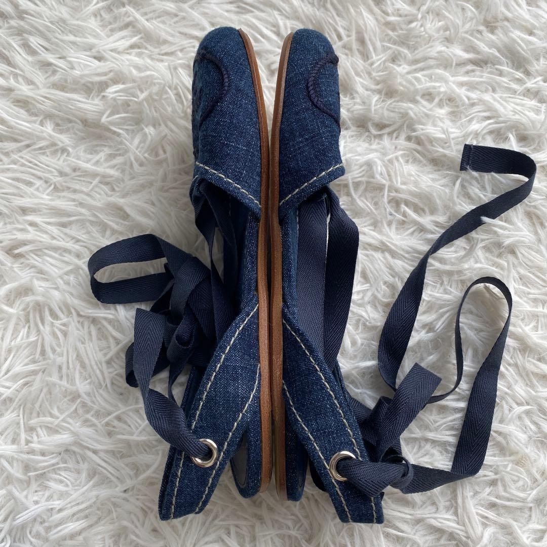 極美品　プラダ　デニム　フラットシューズ　レースアップシューズ　リボン　35