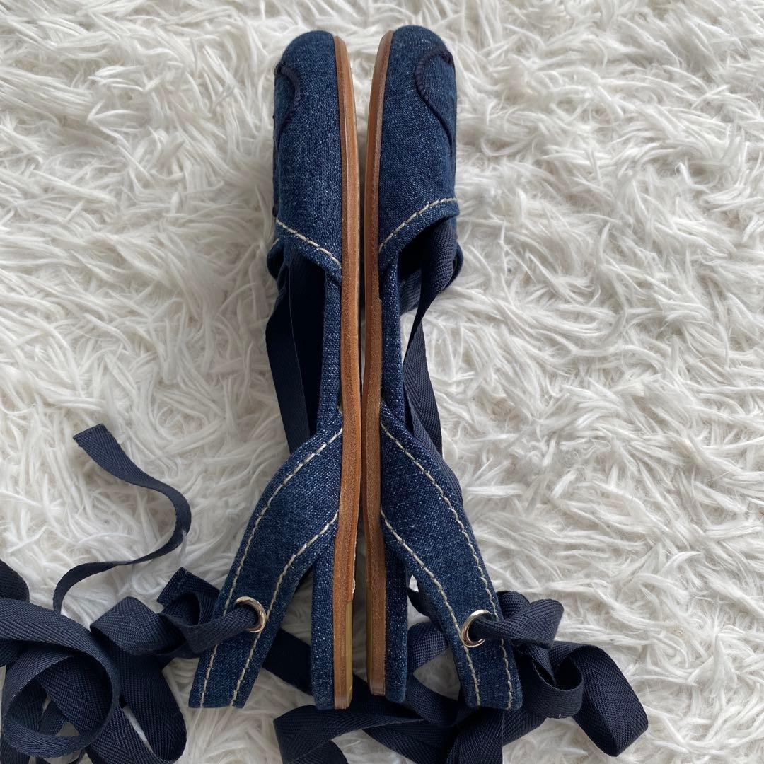 極美品　プラダ　デニム　フラットシューズ　レースアップシューズ　リボン　35