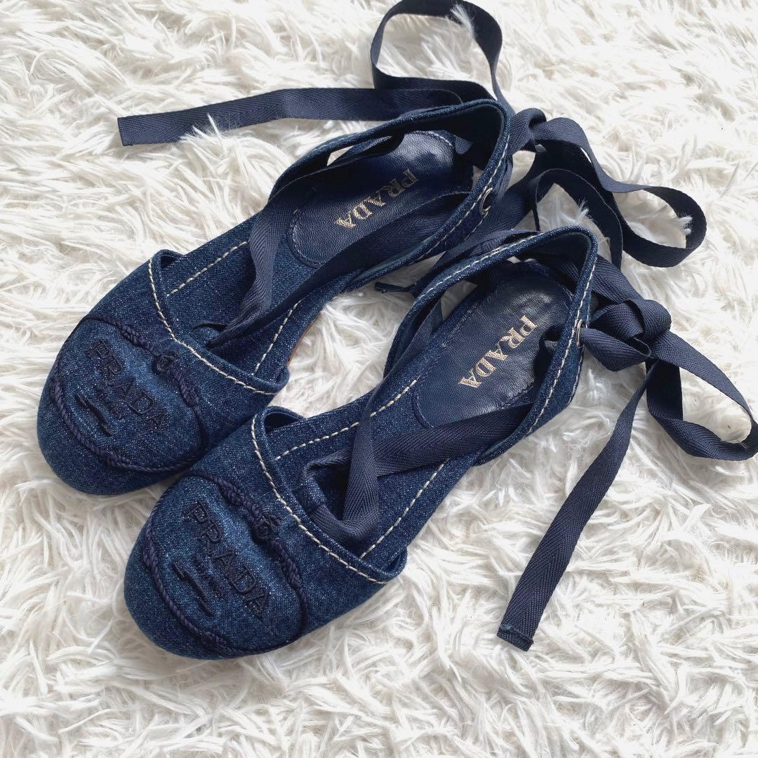 極美品　プラダ　デニム　フラットシューズ　レースアップシューズ　リボン　35