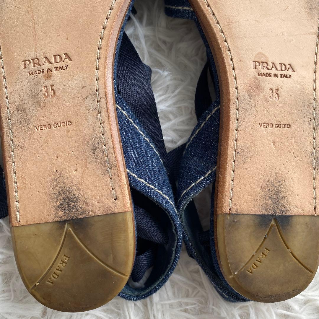 極美品　プラダ　デニム　フラットシューズ　レースアップシューズ　リボン　35