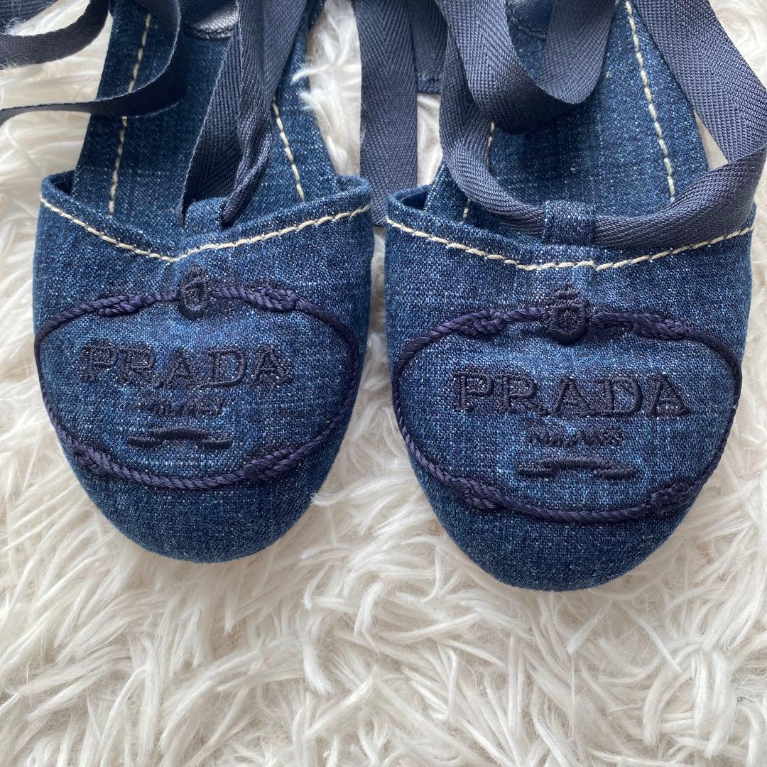 極美品　プラダ　デニム　フラットシューズ　レースアップシューズ　リボン　35