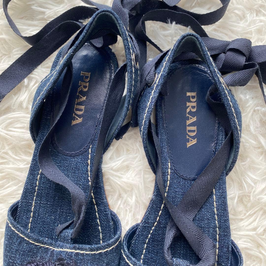 極美品　プラダ　デニム　フラットシューズ　レースアップシューズ　リボン　35
