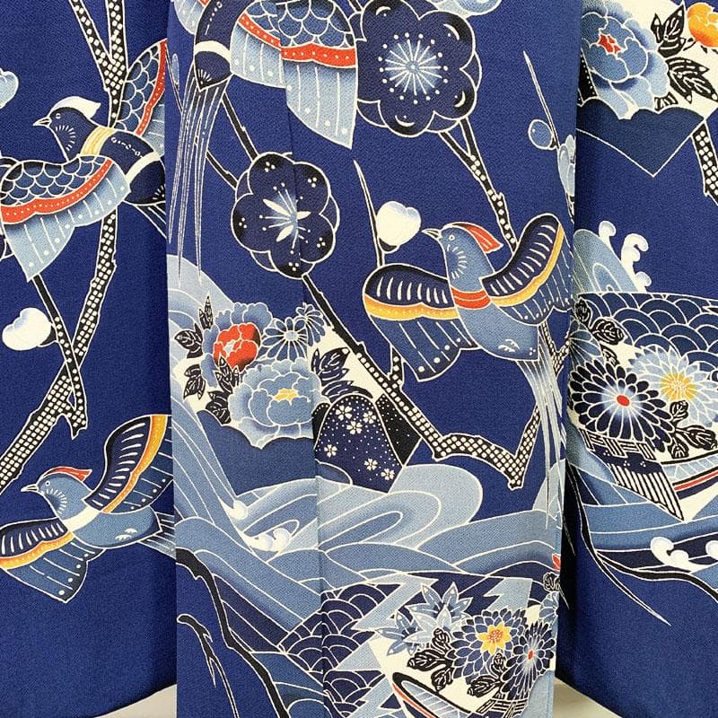 510z38☆紅型振袖 古典柄 鳳凰 荒波 梅 ちりめん 濃い青☆成人式 結婚式