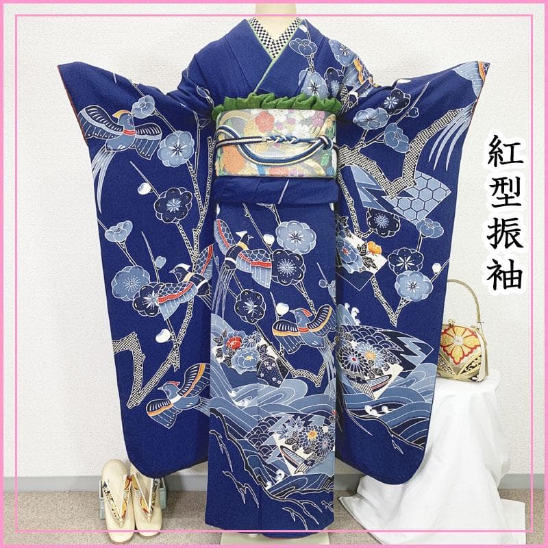 510z38☆紅型振袖 古典柄 鳳凰 荒波 梅 ちりめん 濃い青☆成人式 結婚式