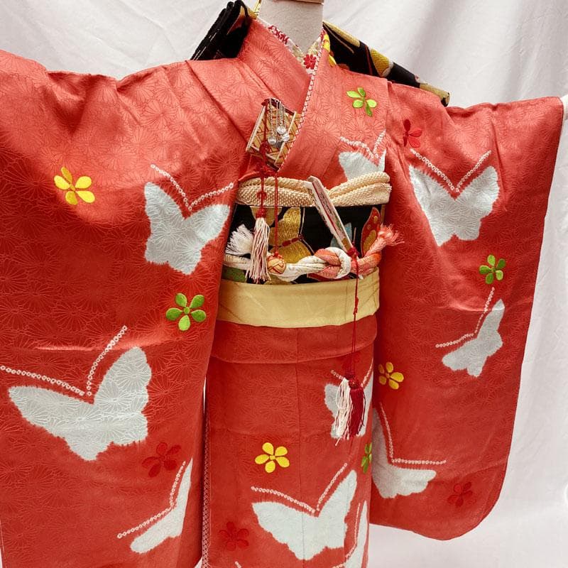 410ag15◎七五三 七歳 女児 着物&袋帯&長襦袢 部分絞り 刺繍◎美品