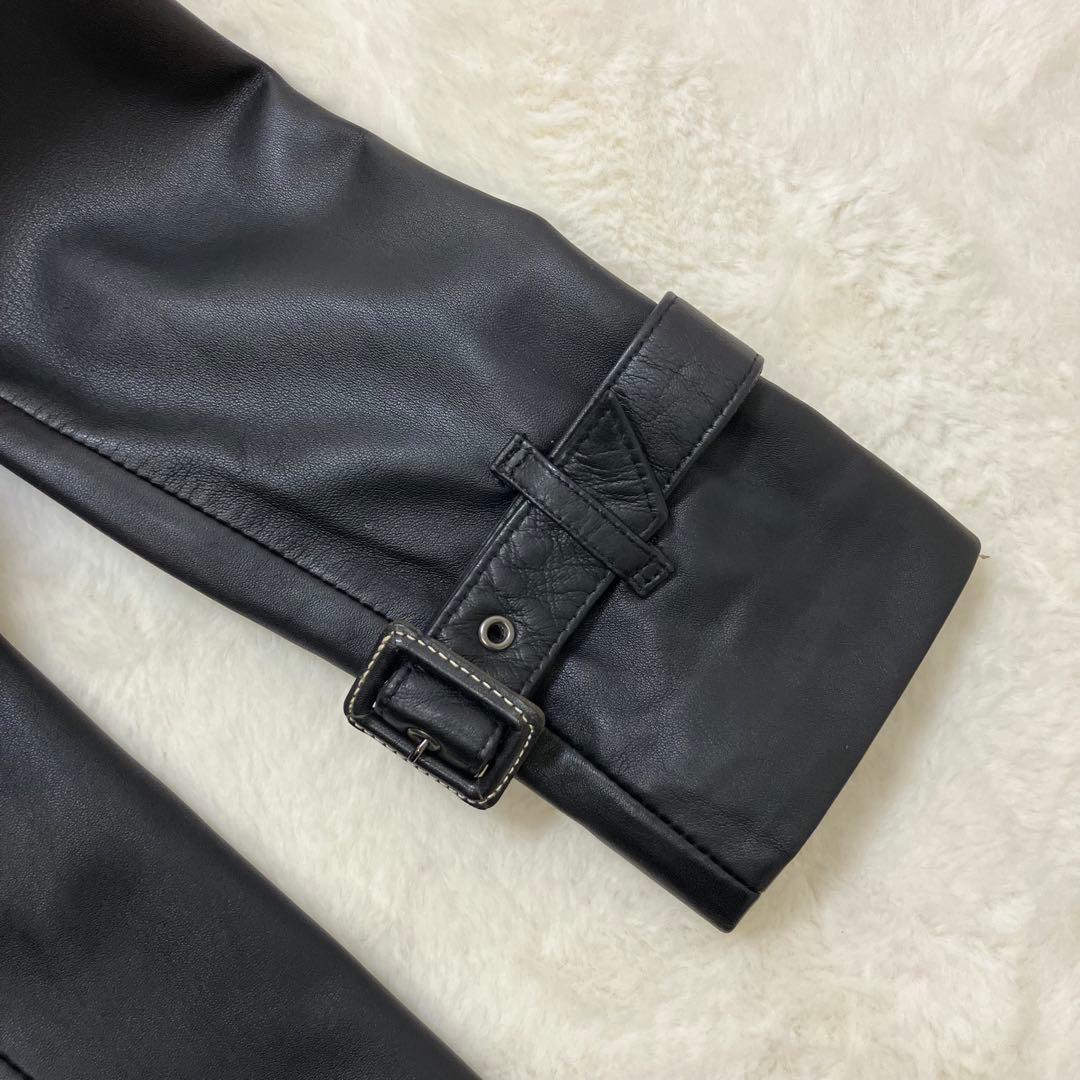 コムサデモード 羊革 ラム オールレザー ダブル トレンチコート ベルテッド 黒