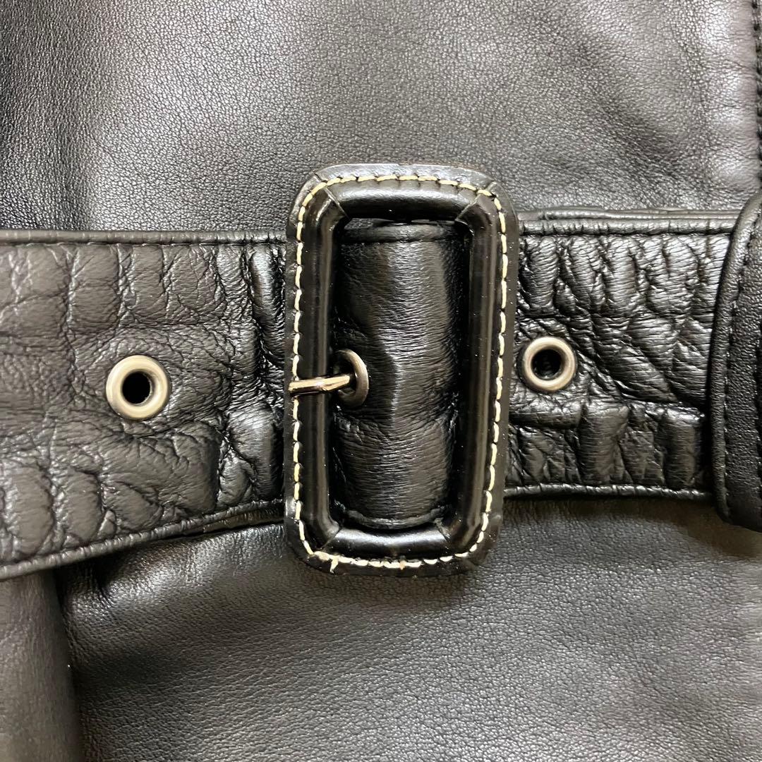 コムサデモード 羊革 ラム オールレザー ダブル トレンチコート ベルテッド 黒