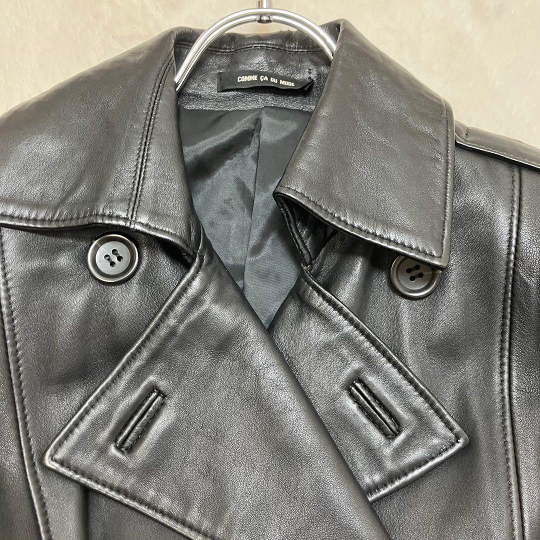 コムサデモード 羊革 ラム オールレザー ダブル トレンチコート ベルテッド 黒