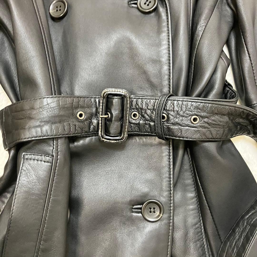 コムサデモード 羊革 ラム オールレザー ダブル トレンチコート ベルテッド 黒