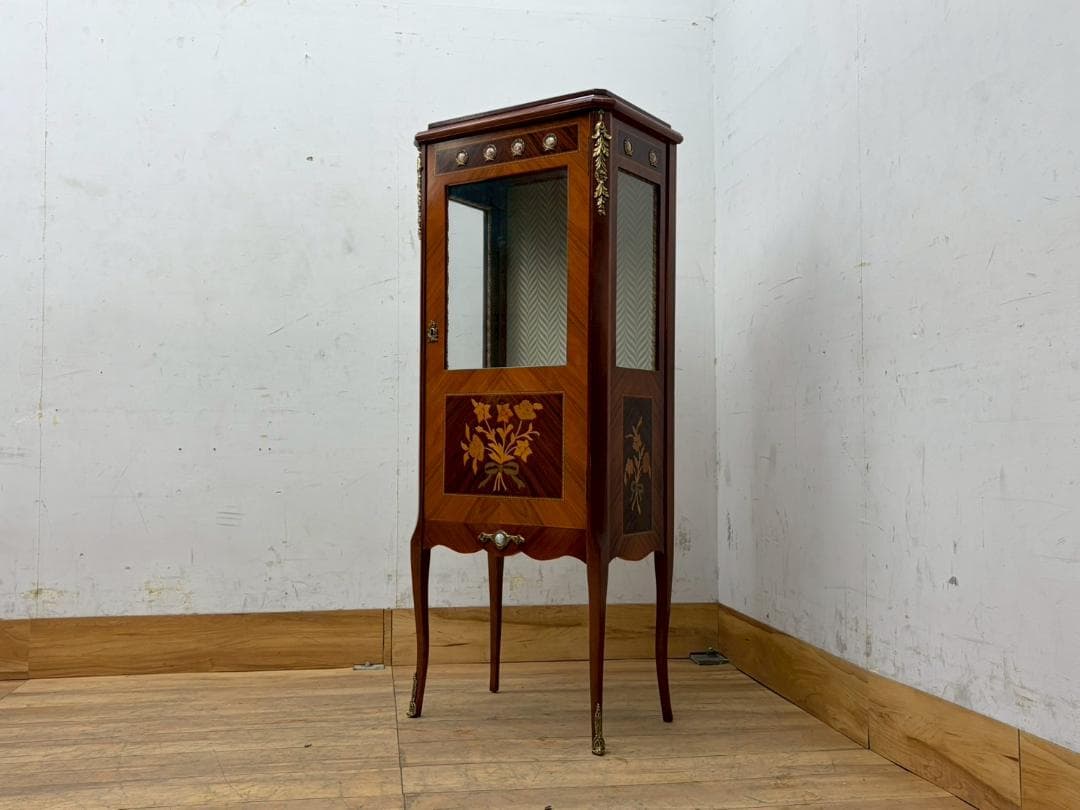 T7991☆展示品イタリアネオクラシックルイ16世様式象嵌細工真鍮金具飾り棚