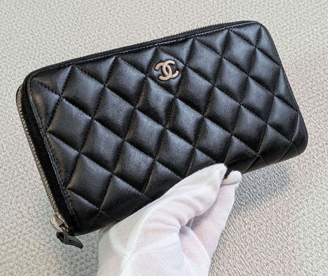 シャネル　マトラッセ　ラウンドファスナー長財布　ラムスキン　黒　メンテナンス済