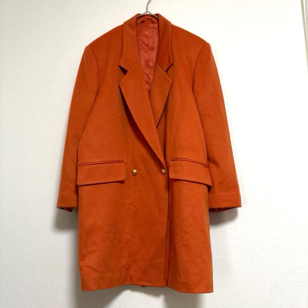 【高級】カシミヤ100% ダブルブレスト チェスターコート LL オレンジ