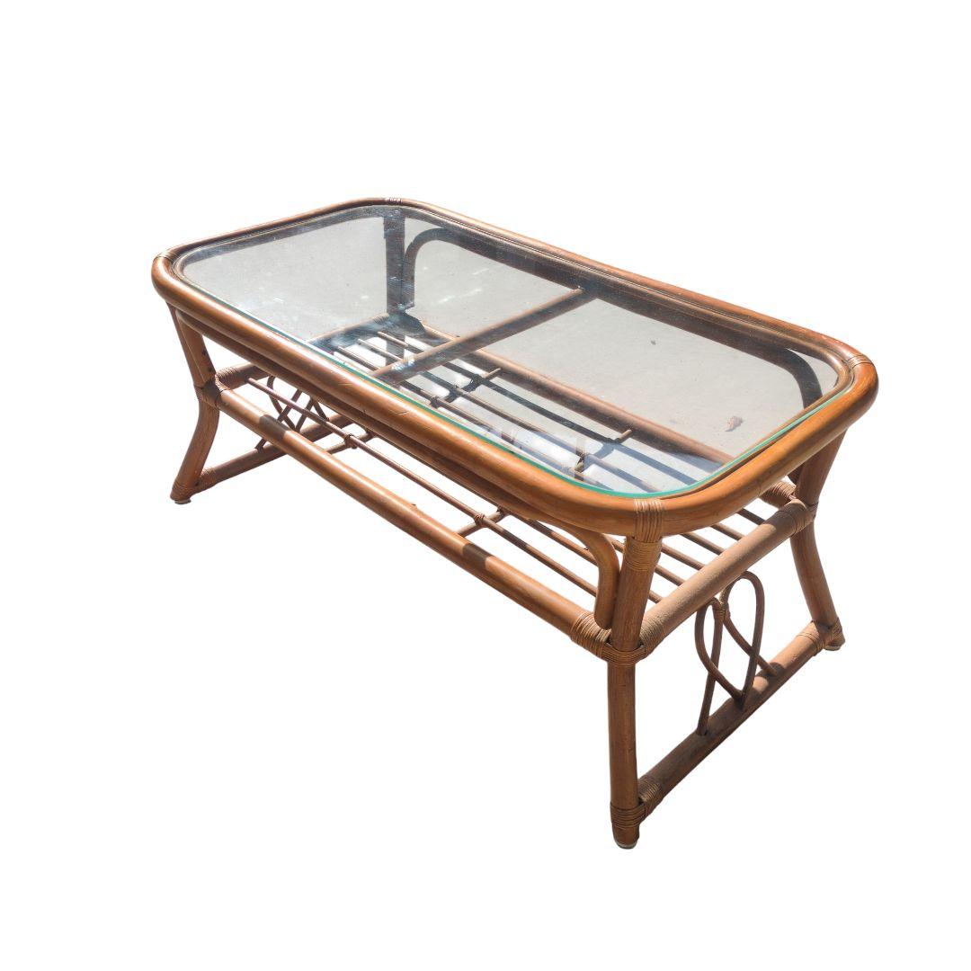 【ヴィンテージ】 ラタン 籐 ガラス テーブル 昭和レトロ