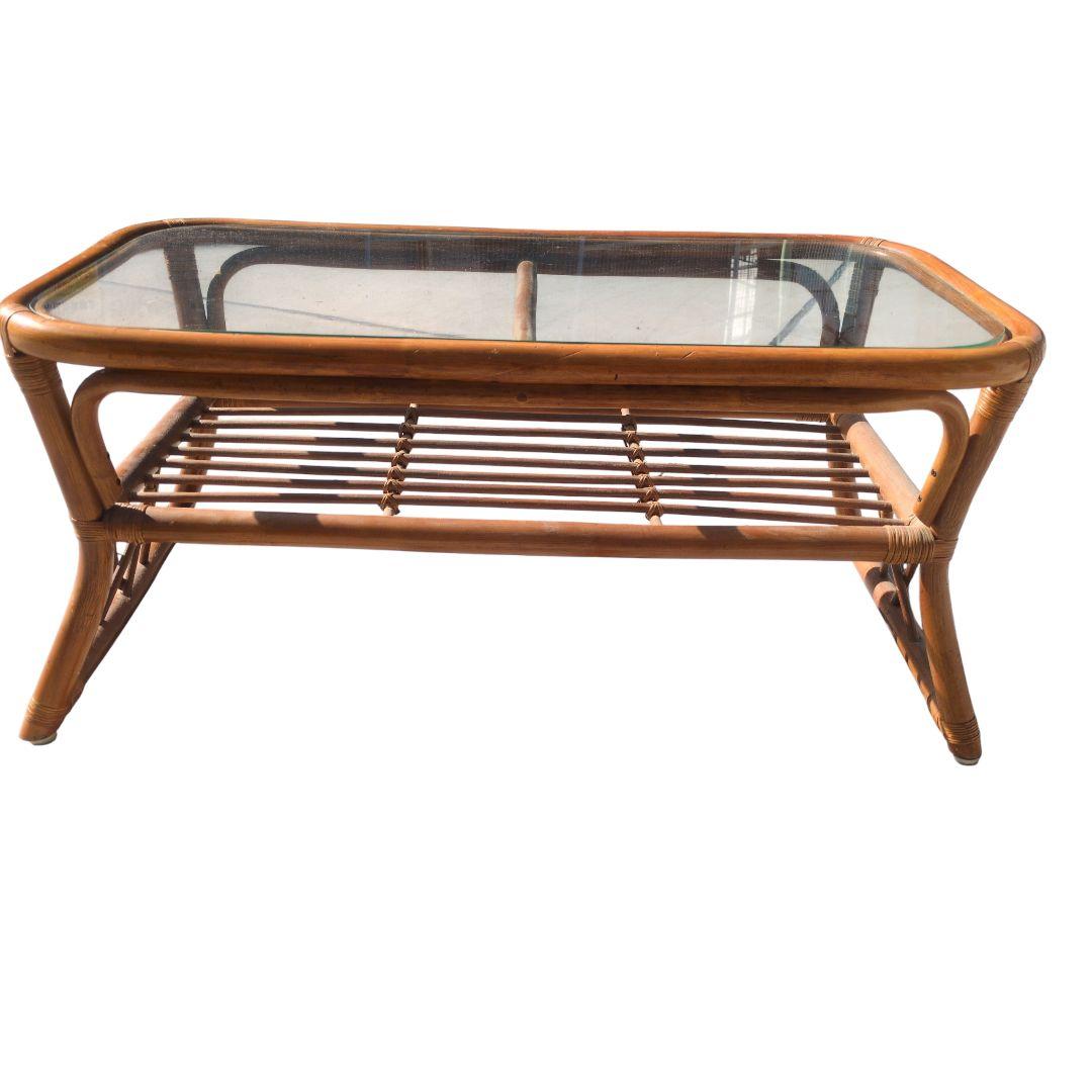 【ヴィンテージ】 ラタン 籐 ガラス テーブル 昭和レトロ