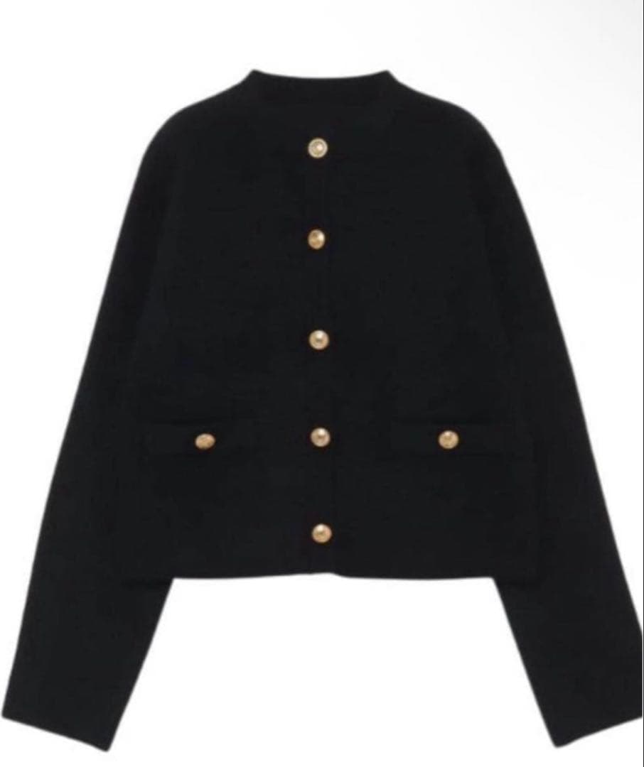 anuansラクーンブレンドノーカラーニットジャケット ブラック