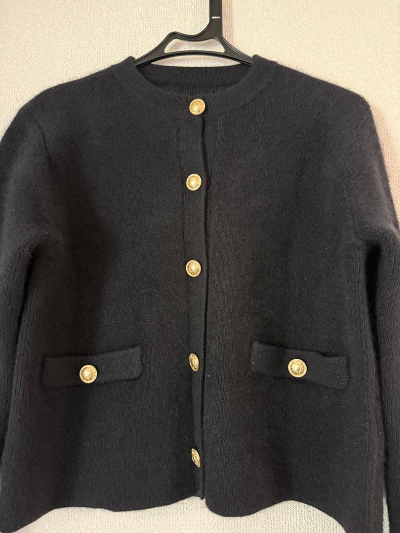 anuansラクーンブレンドノーカラーニットジャケット ブラック