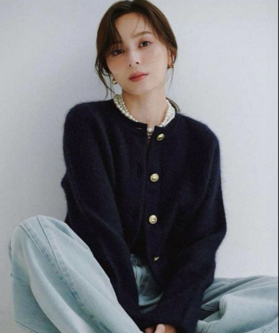 anuansラクーンブレンドノーカラーニットジャケット ブラック