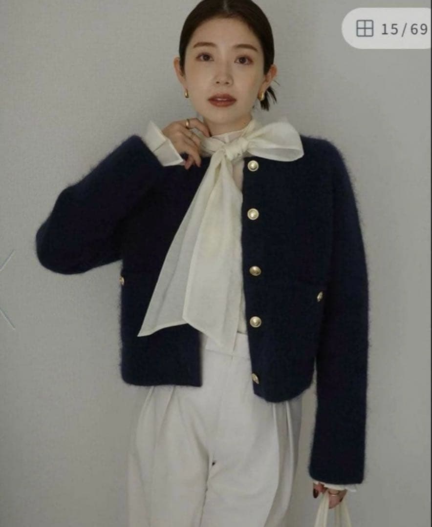 anuansラクーンブレンドノーカラーニットジャケット ブラック