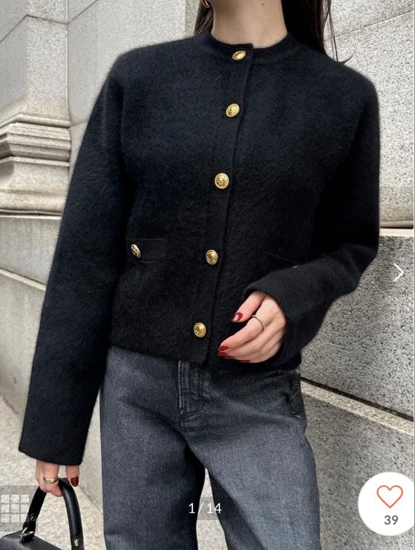 anuansラクーンブレンドノーカラーニットジャケット ブラック