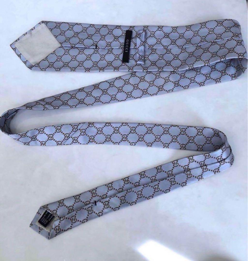 美品　GUCCI ネクタイ　GG柄　総柄　シルク100% 水色×シルバー