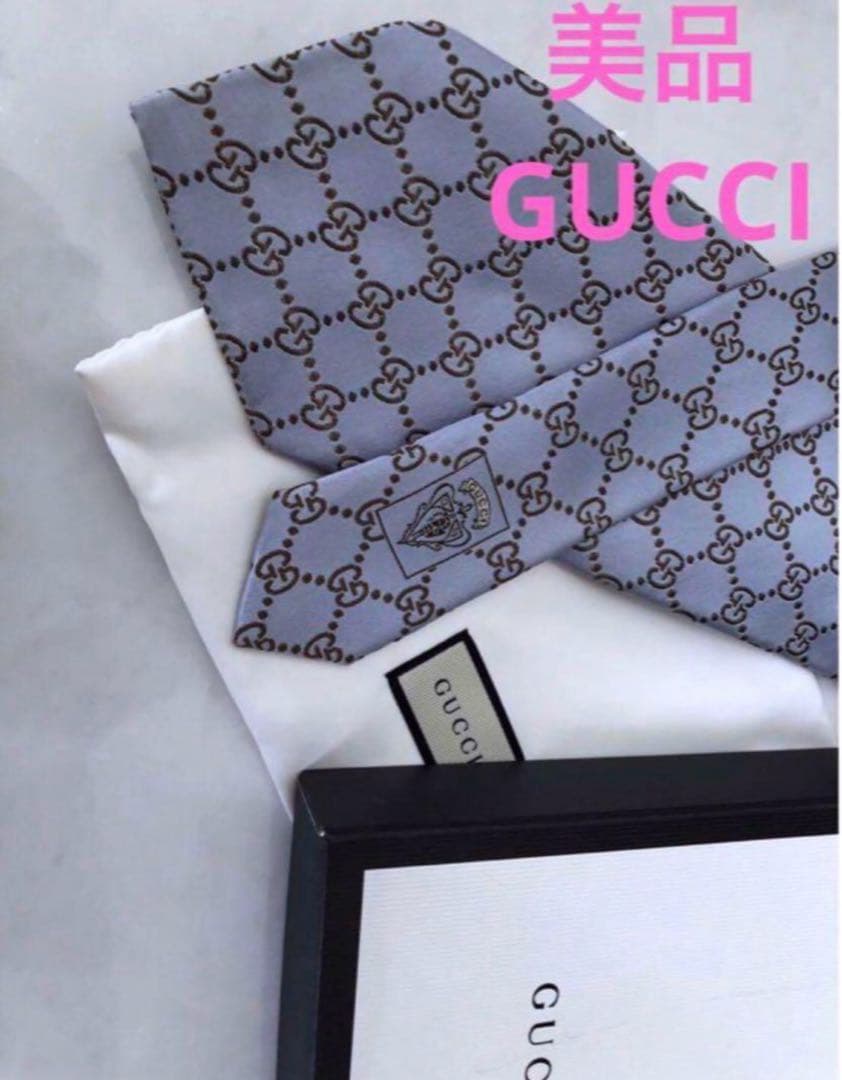 美品　GUCCI ネクタイ　GG柄　総柄　シルク100% 水色×シルバー