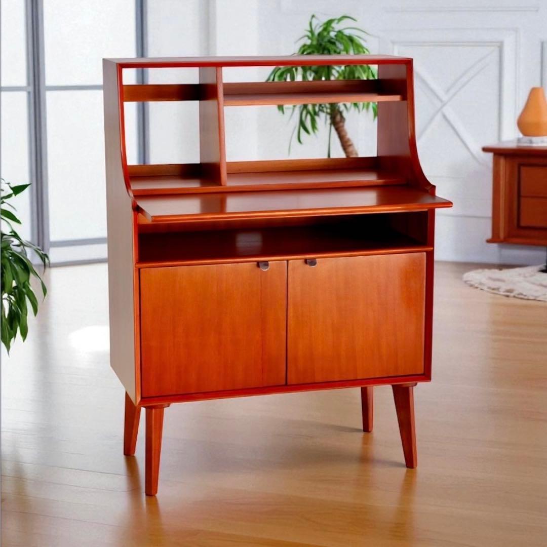 E 新品 北欧 ライティングデスク 机 赤茶色 飾り棚 カフェ テーブル