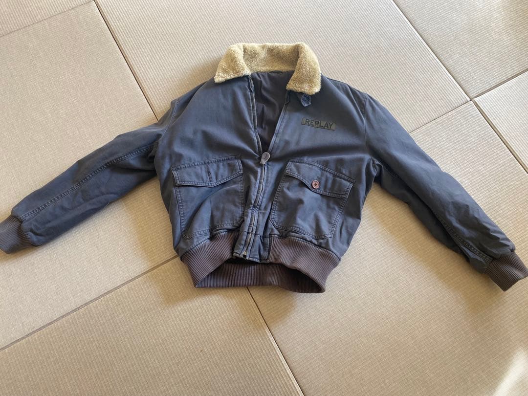 REPLAY グレー、 ダークブルー MA-1ジャケット ファー襟付き