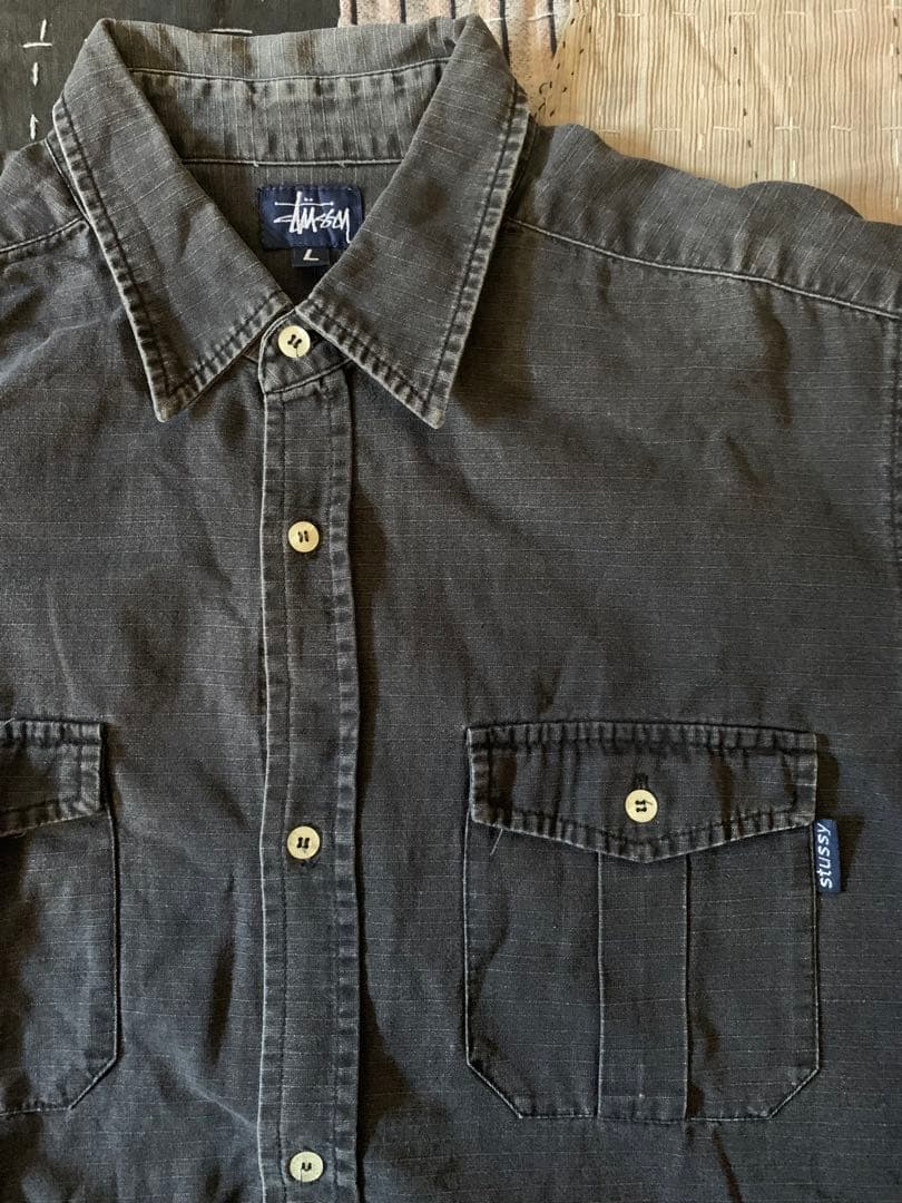 90s old stussy vtg リップストップ シャツ ブラック フェード