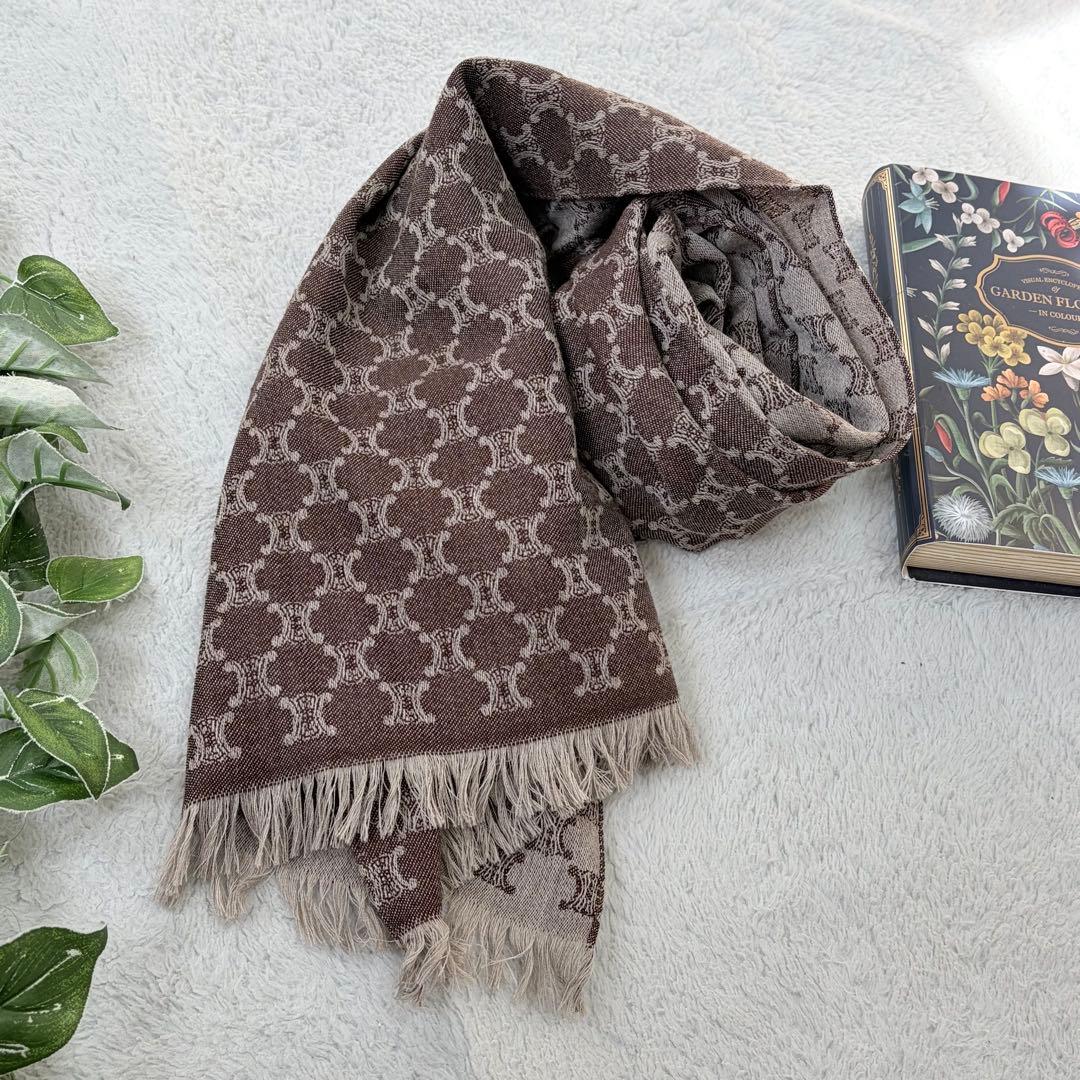 CELINEウールストール　マフラー　マカダム柄　ブラウン系