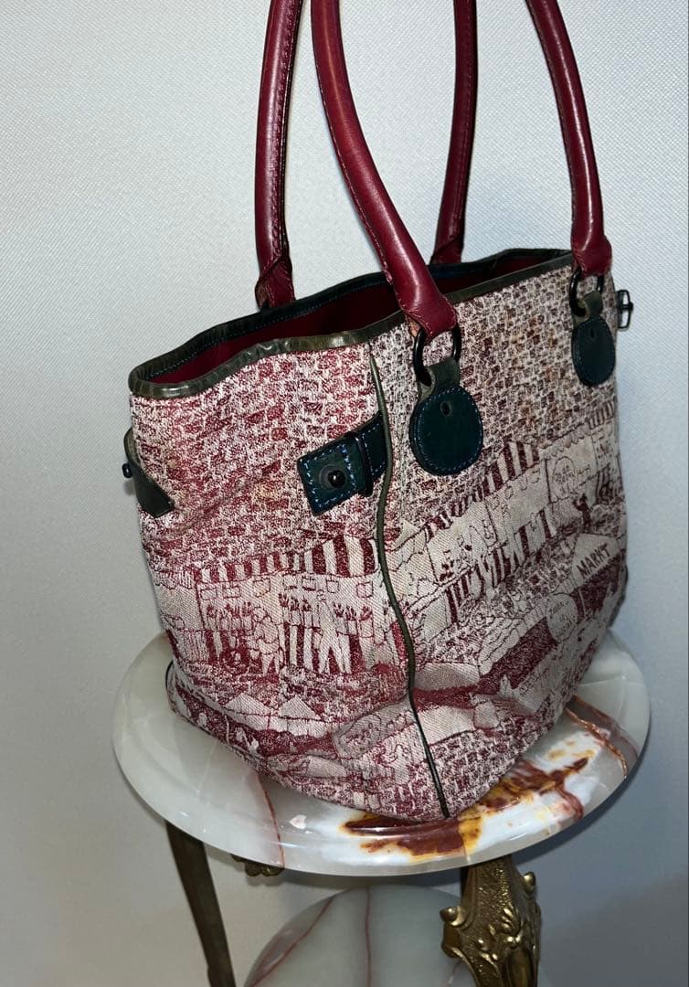 美品 PleatsPlease ジャガード織×レザートートバック イッセイミヤケ