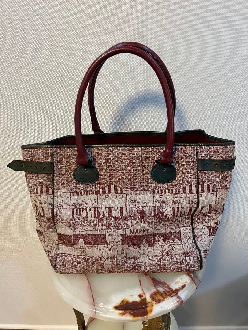 美品 PleatsPlease ジャガード織×レザートートバック イッセイミヤケ