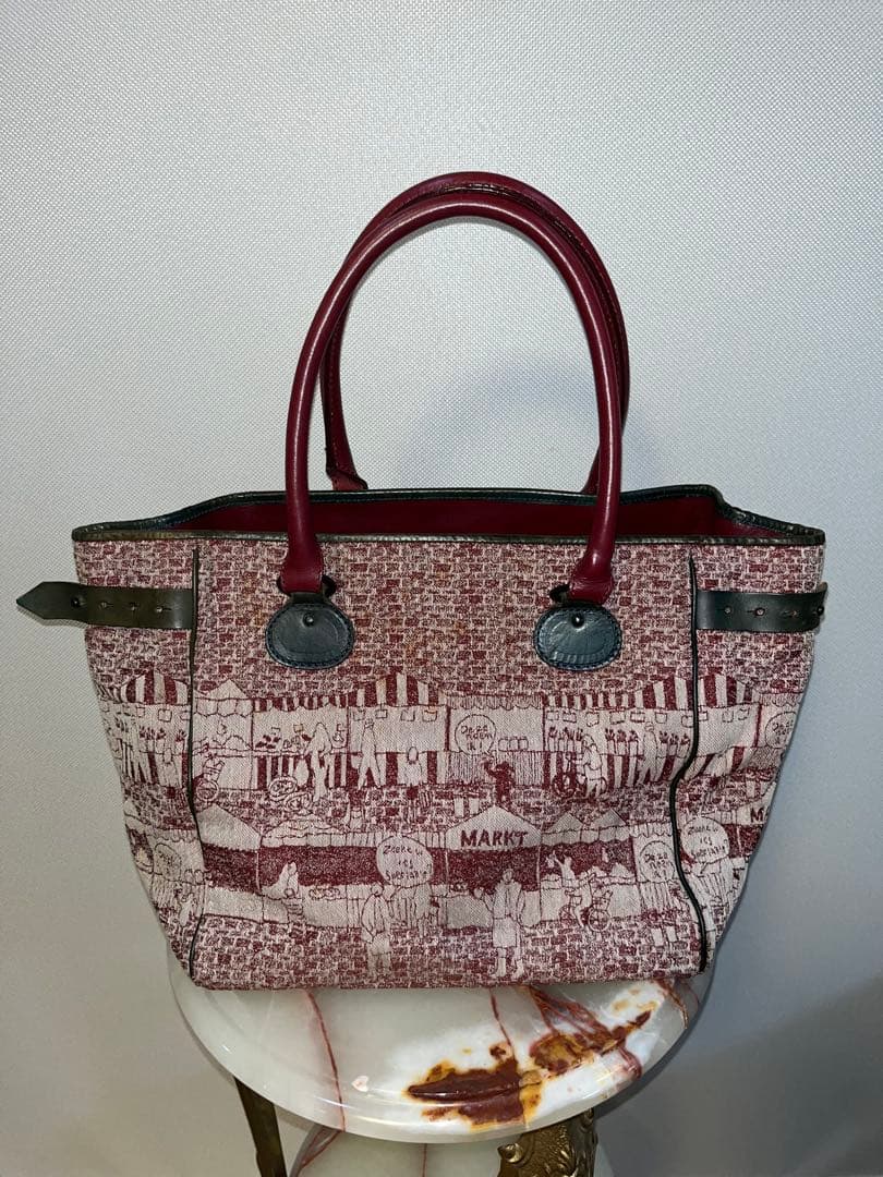 美品 PleatsPlease ジャガード織×レザートートバック イッセイミヤケ