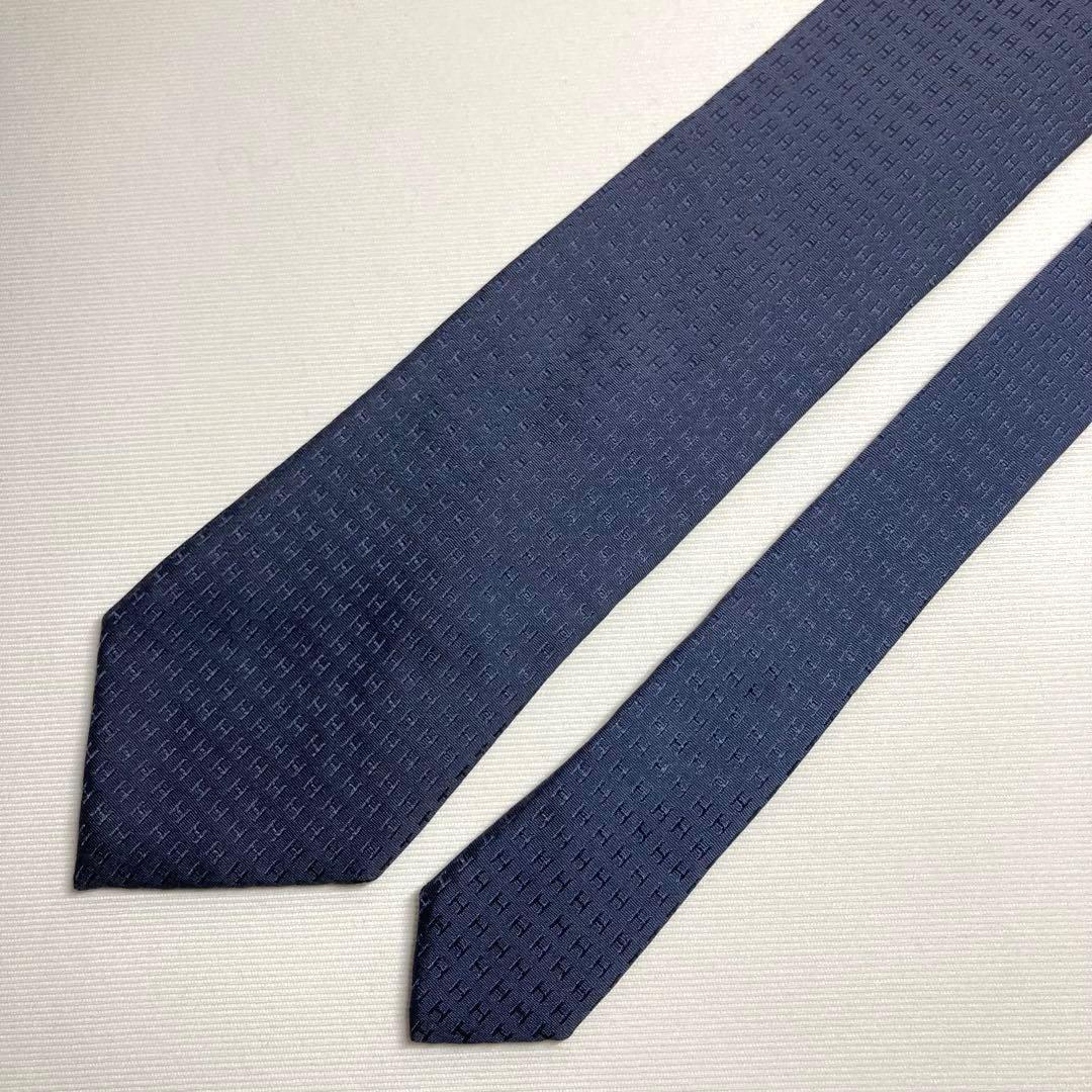 HERMES エルメス　ネクタイ　ネイビー　ファソネ　H柄　ジャガード　シルク