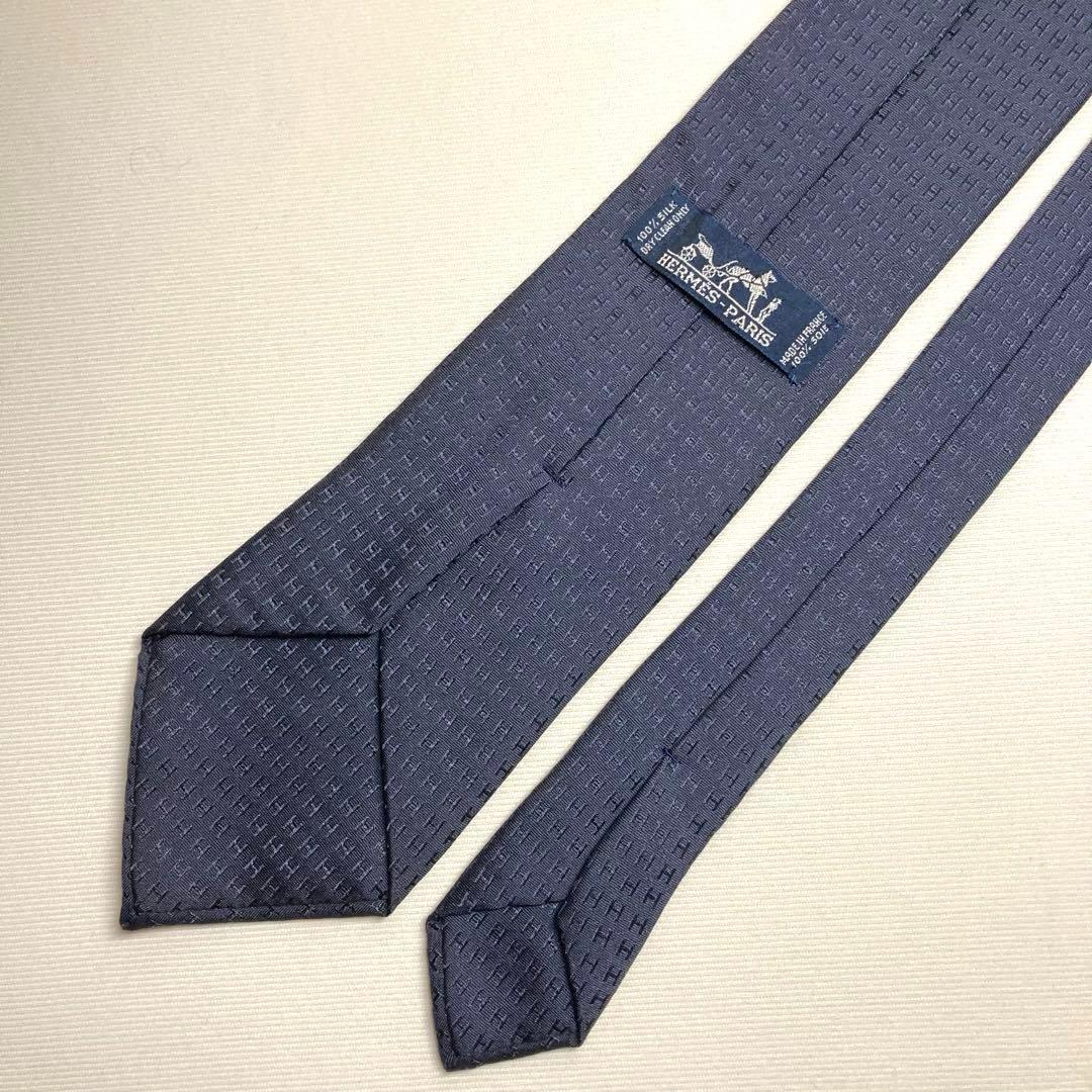 HERMES エルメス　ネクタイ　ネイビー　ファソネ　H柄　ジャガード　シルク