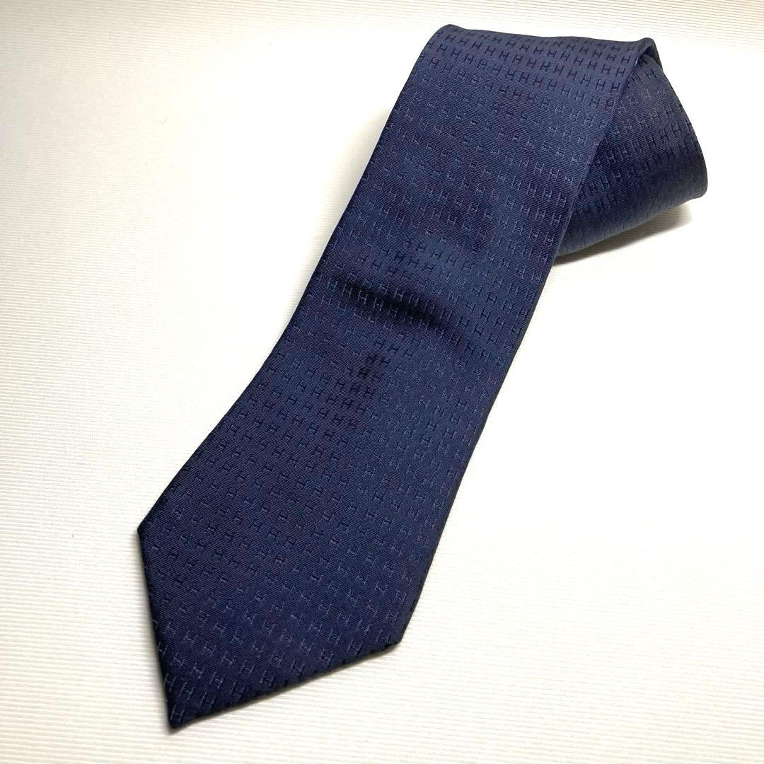 HERMES エルメス　ネクタイ　ネイビー　ファソネ　H柄　ジャガード　シルク