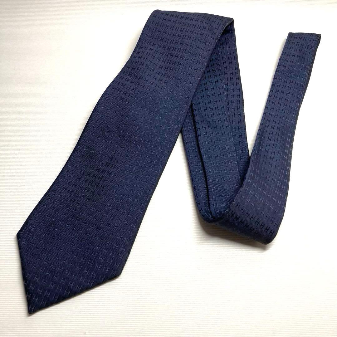 HERMES エルメス　ネクタイ　ネイビー　ファソネ　H柄　ジャガード　シルク